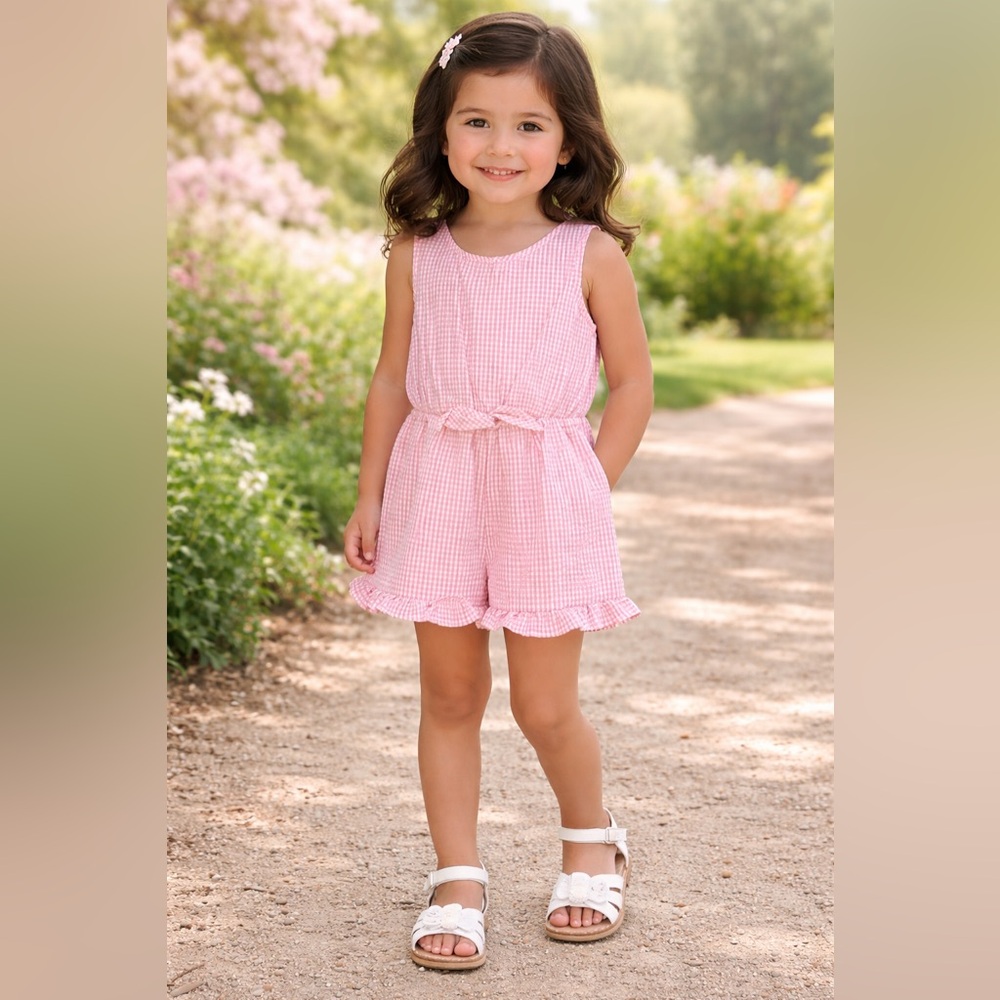 Copper Key Pink Gingham Tie-Waist Ruffle Romper